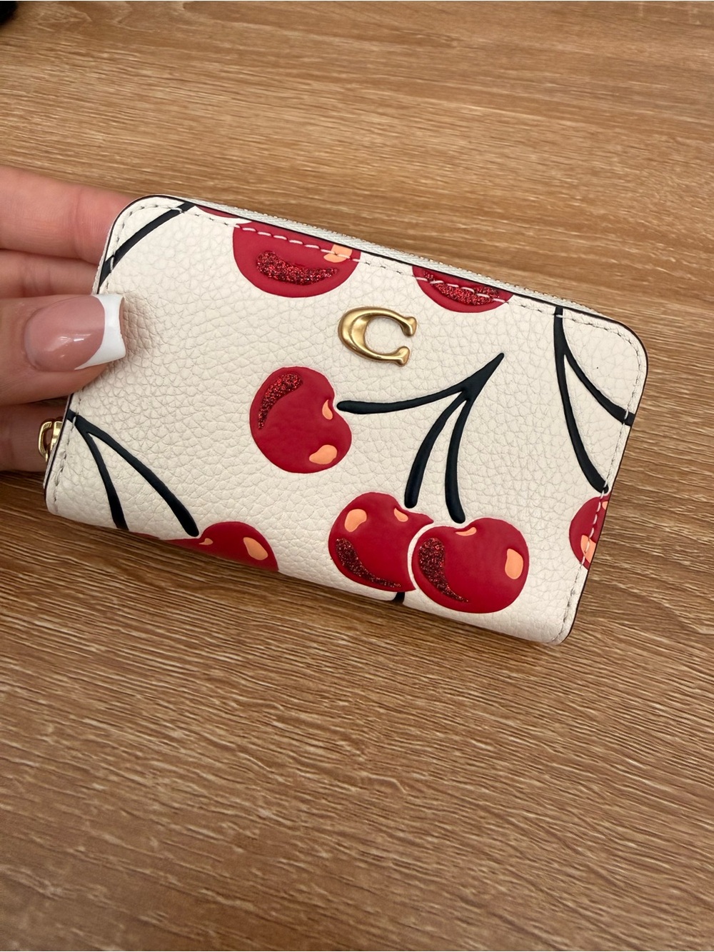 Coach White Cherry Print Small Zip Wallet with Gold 'C'